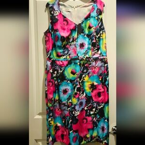 Kasper Black Pink Floral V Neck Sleeveless Dress Women sz 14